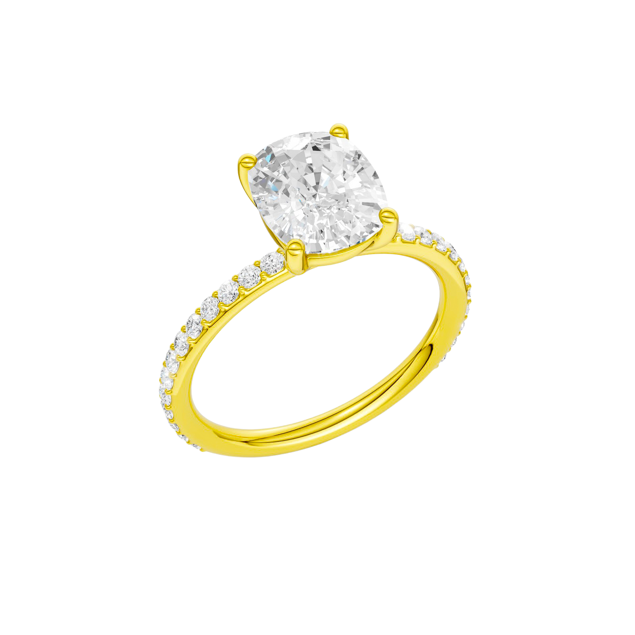 A three-quarter view of the Elongated cushion cut diamond engagement ring in 14k yellow gold with a prong diamond band and cathedral setting