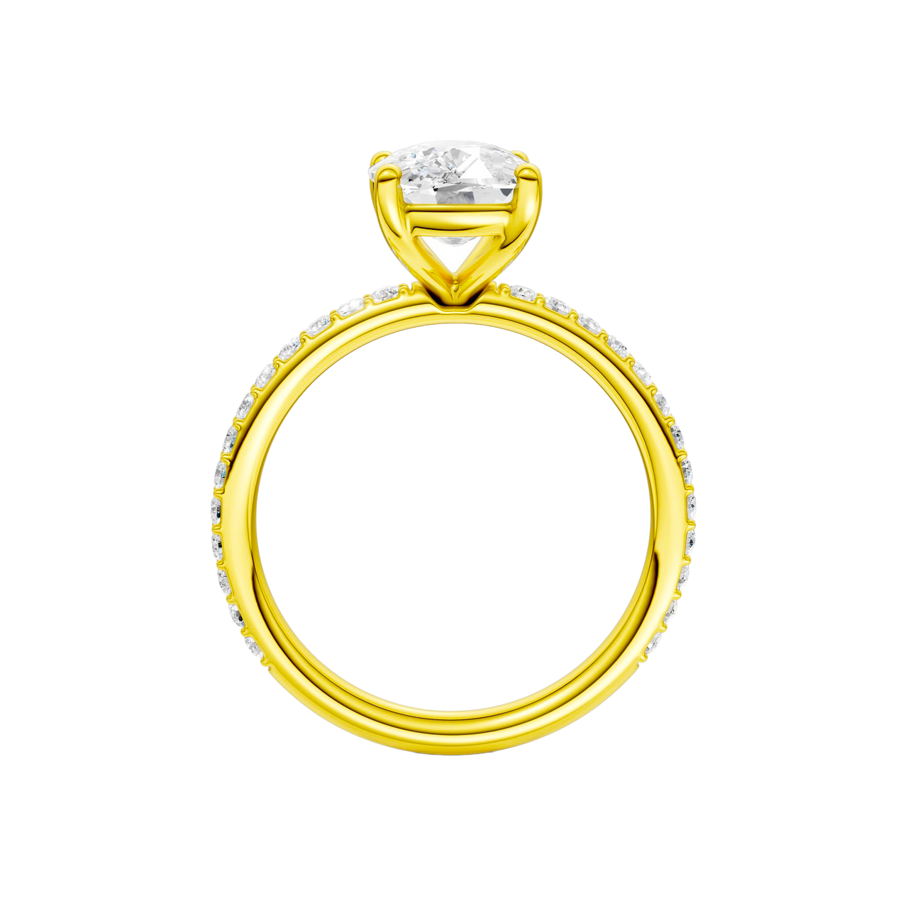 A profile view of the Elongated cushion cut diamond engagement ring in 14k yellow gold with a prong diamond band and cathedral setting