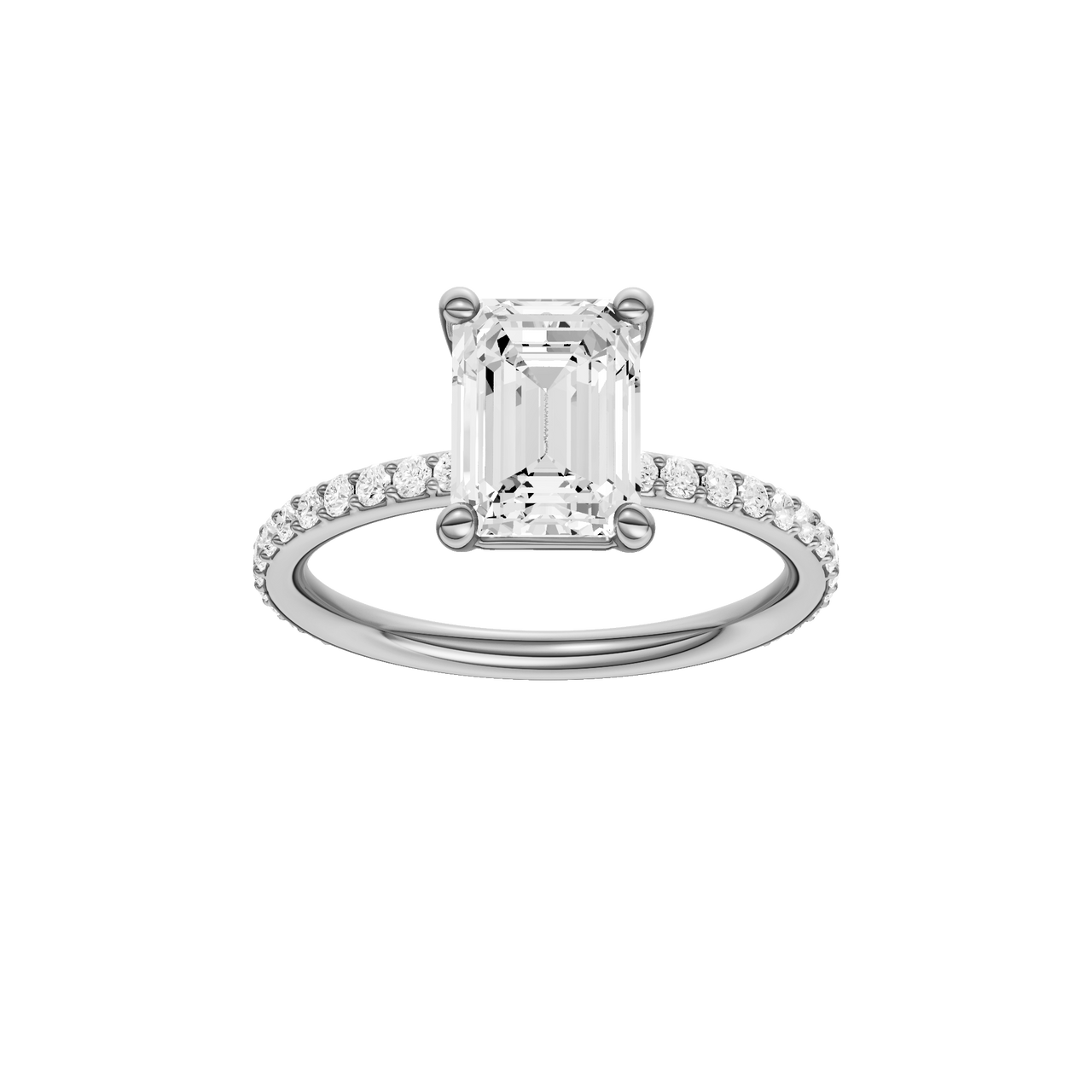 A front view of the Emerald cut diamond engagement ring in platinum with a prong diamond band and cathedral setting