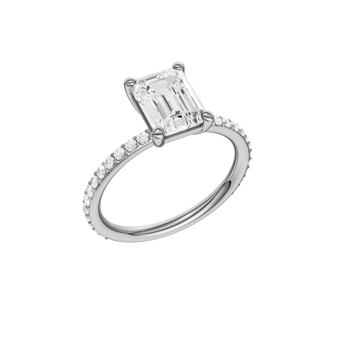 A three-quarter view of the Emerald cut diamond engagement ring in 14k white gold with a prong diamond band and cathedral setting