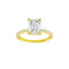 A front view of the Emerald cut diamond engagement ring in 14k yellow gold with a prong diamond band and cathedral setting