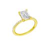 A three-quarter view of the Emerald cut diamond engagement ring in 14k yellow gold with a prong diamond band and cathedral setting