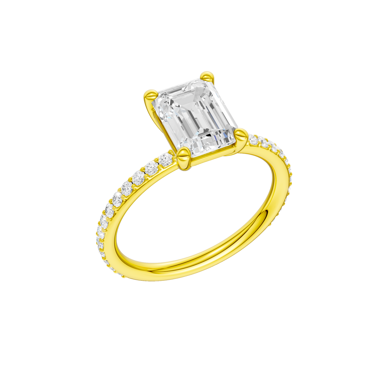 A three-quarter view of the Emerald cut diamond engagement ring in 14k yellow gold with a prong diamond band and cathedral setting