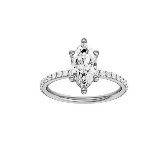 A front view of the Marquise cut diamond engagement ring in 14k white gold with a prong diamond band and cathedral setting
