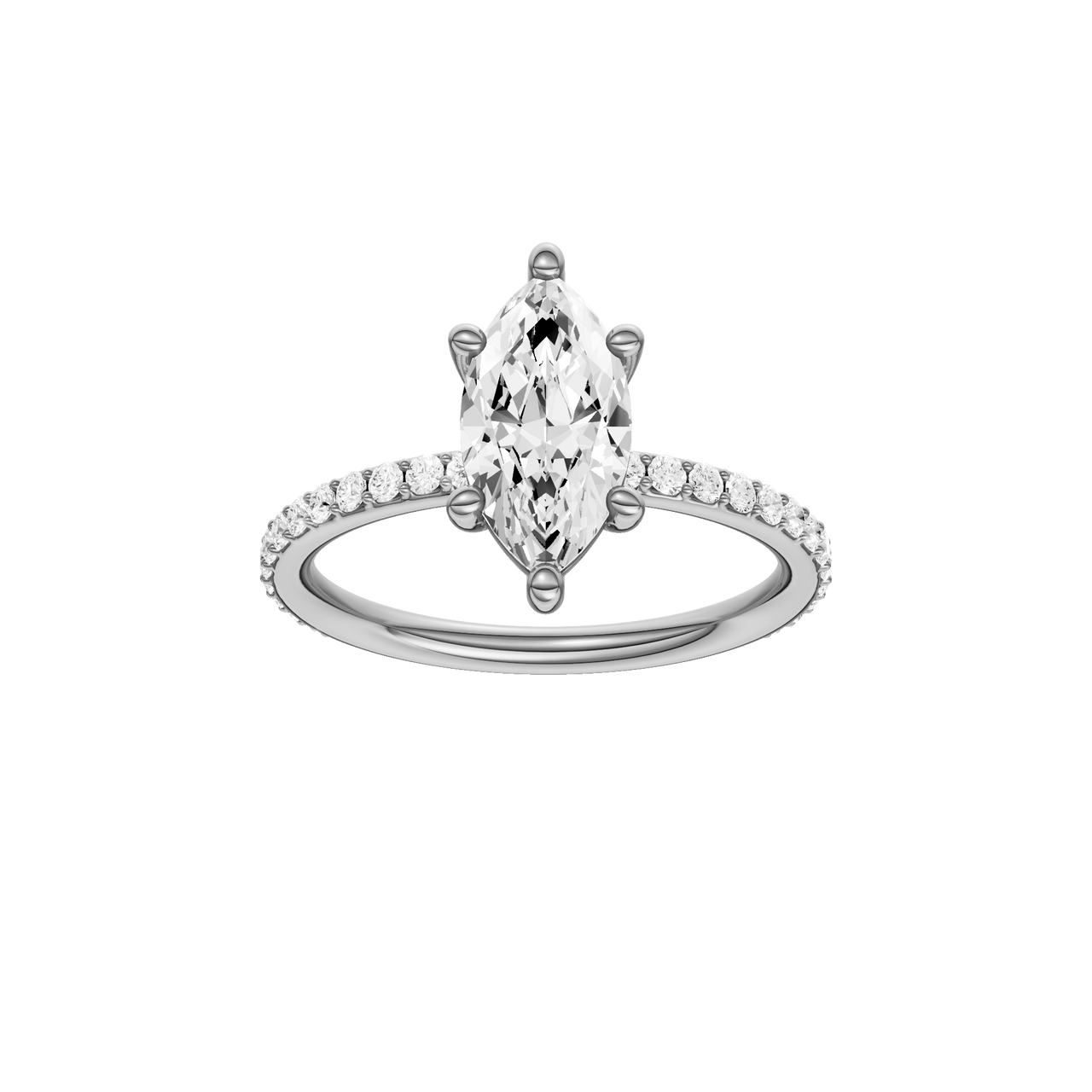 A front view of the Marquise cut diamond engagement ring in 14k white gold with a prong diamond band and cathedral setting