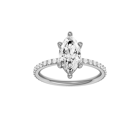 A front view of the Marquise cut diamond engagement ring in 14k white gold with a prong diamond band and cathedral setting