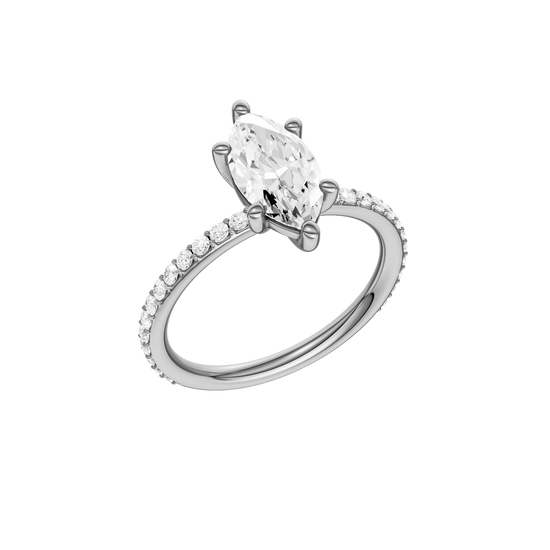 A three-quarter view of the Marquise cut diamond engagement ring in 14k white gold with a prong diamond band and cathedral setting