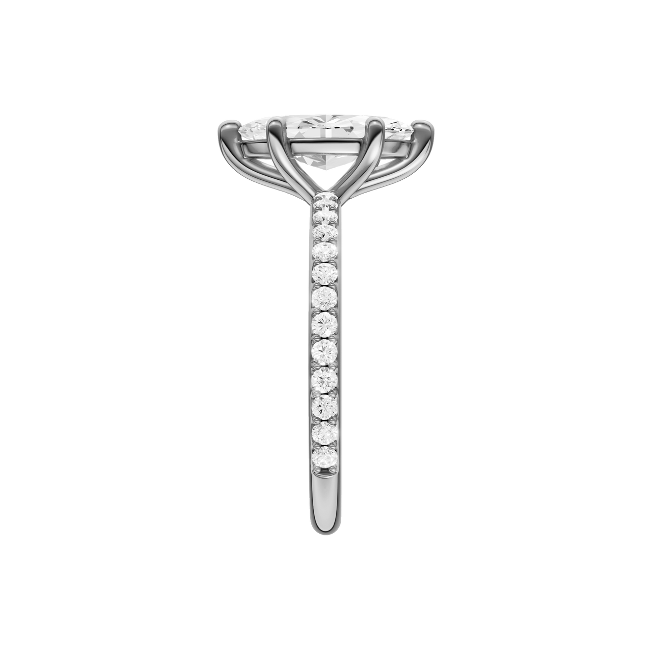 A side view of the Marquise cut diamond engagement ring in 14k white gold with a prong diamond band and cathedral setting