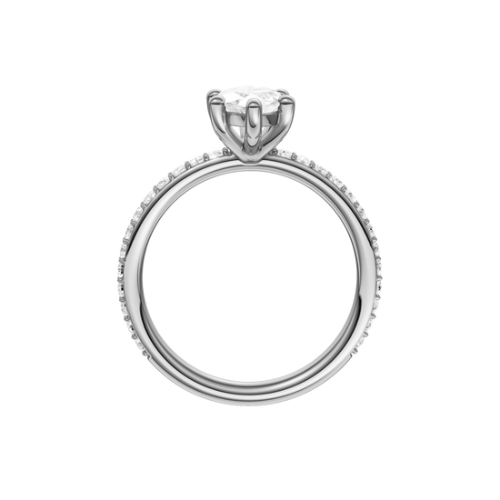 A profile view of the Marquise cut diamond engagement ring in platinum with a prong diamond band and cathedral setting