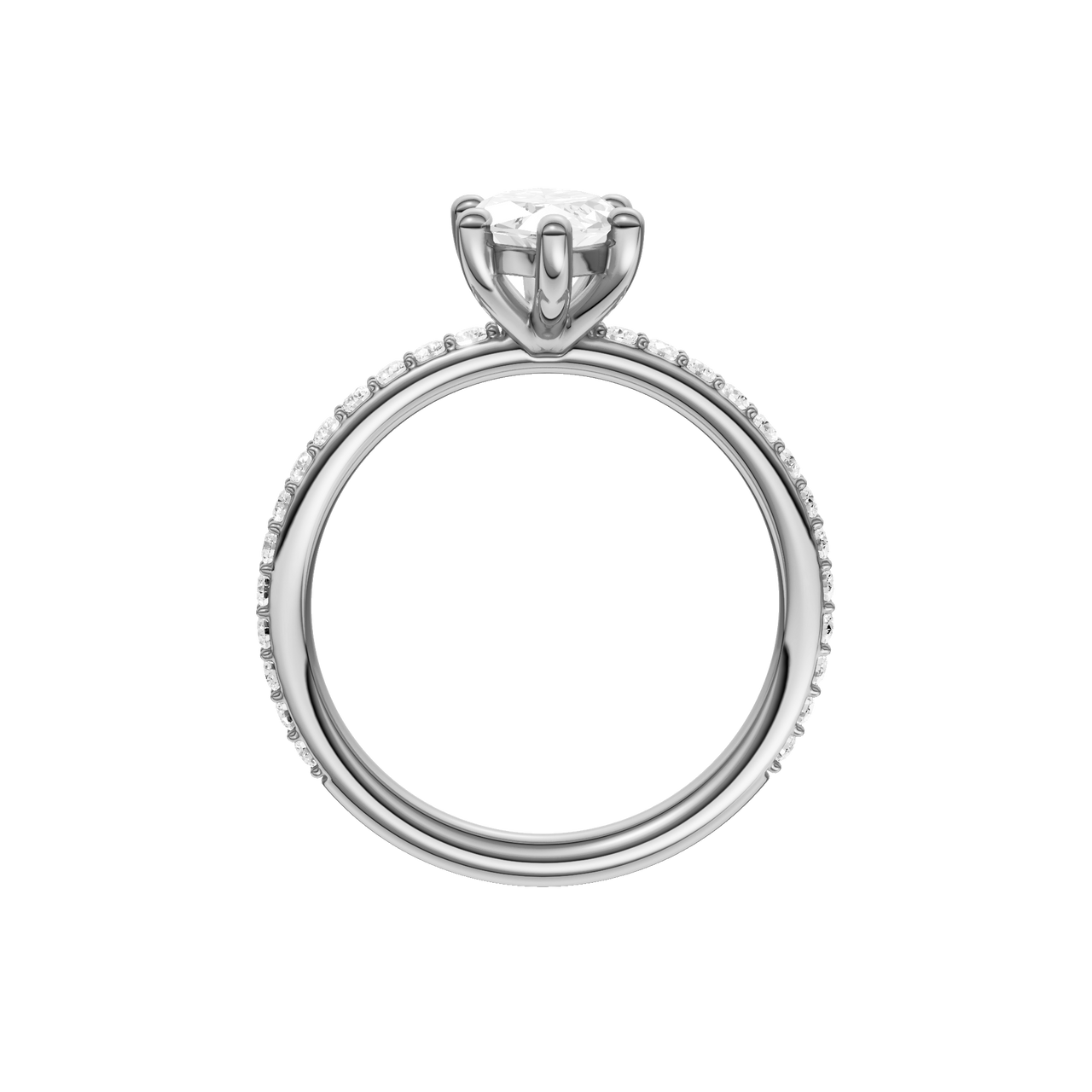 A profile view of the Marquise cut diamond engagement ring in platinum with a prong diamond band and cathedral setting