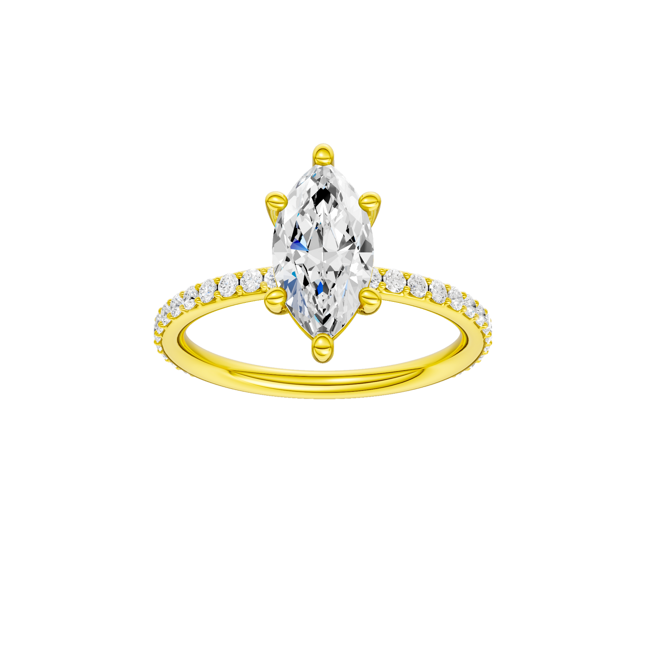 A front view of the Marquise cut diamond engagement ring in 14k yellow gold with a prong diamond band and cathedral setting