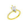 A three-quarter view of the Marquise cut diamond engagement ring in 14k yellow gold with a prong diamond band and cathedral setting