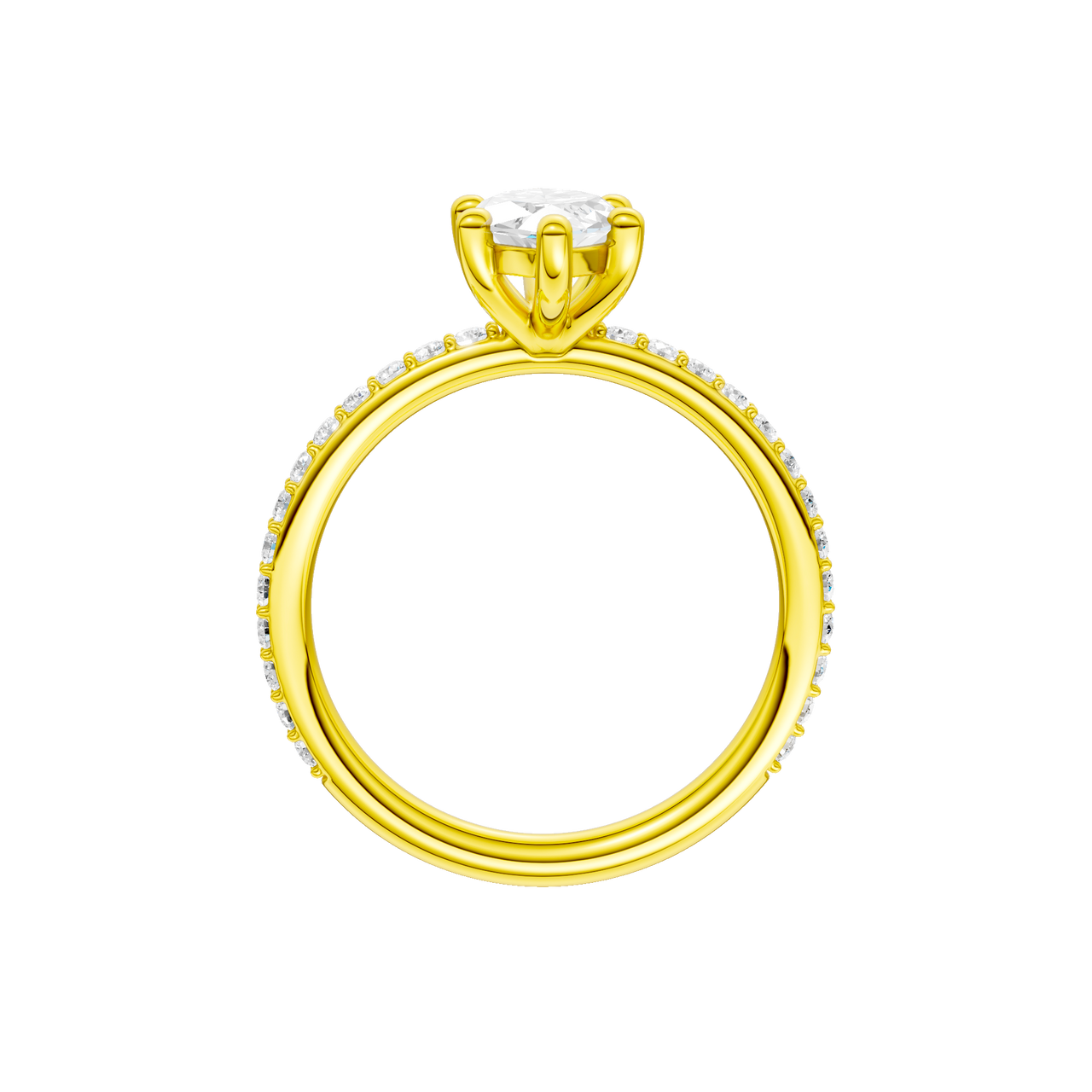 A profile view of the Marquise cut diamond engagement ring in 14k yellow gold with a prong diamond band and cathedral setting