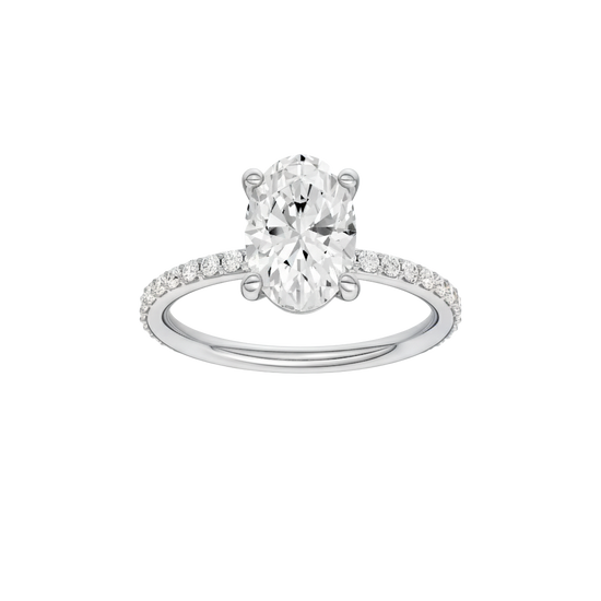 A front view of the Oval cut diamond engagement ring in 14k white gold with a prong diamond band and cathedral setting