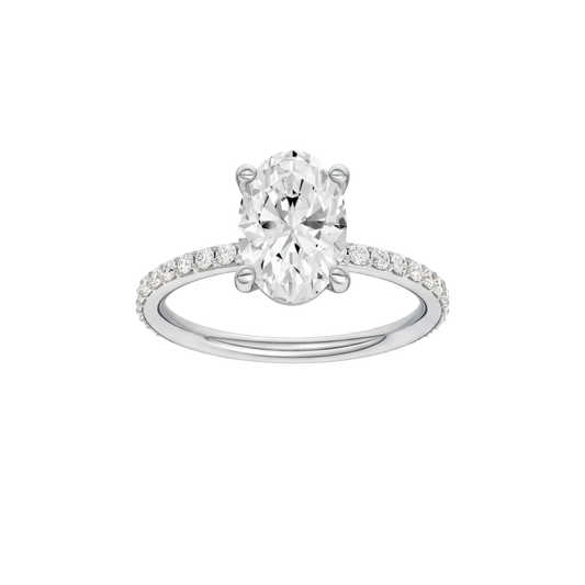 A front view of the Oval cut diamond engagement ring in 14k white gold with a prong diamond band and cathedral setting