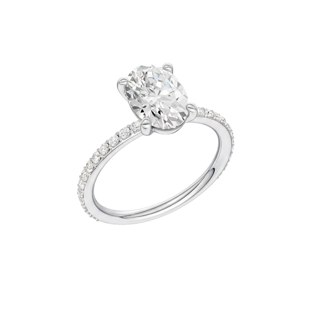 A three-quarter view of the Oval cut diamond engagement ring in 14k white gold with a prong diamond band and cathedral setting