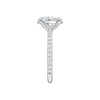A side view of the Oval cut diamond engagement ring in platinum with a prong diamond band and cathedral setting