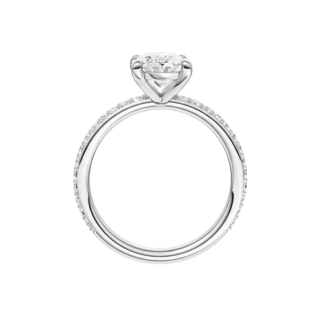 A profile view of the Oval cut diamond engagement ring in 14k white gold with a prong diamond band and cathedral setting