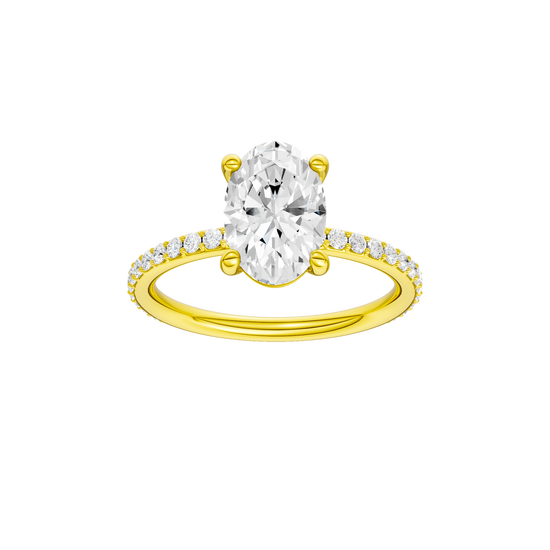 A front view of the Oval cut diamond engagement ring in 14k yellow gold with a prong diamond band and cathedral setting