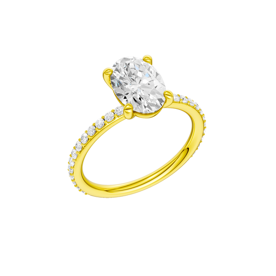 A three-quarter view of the Oval cut diamond engagement ring in 14k yellow gold with a prong diamond band and cathedral setting