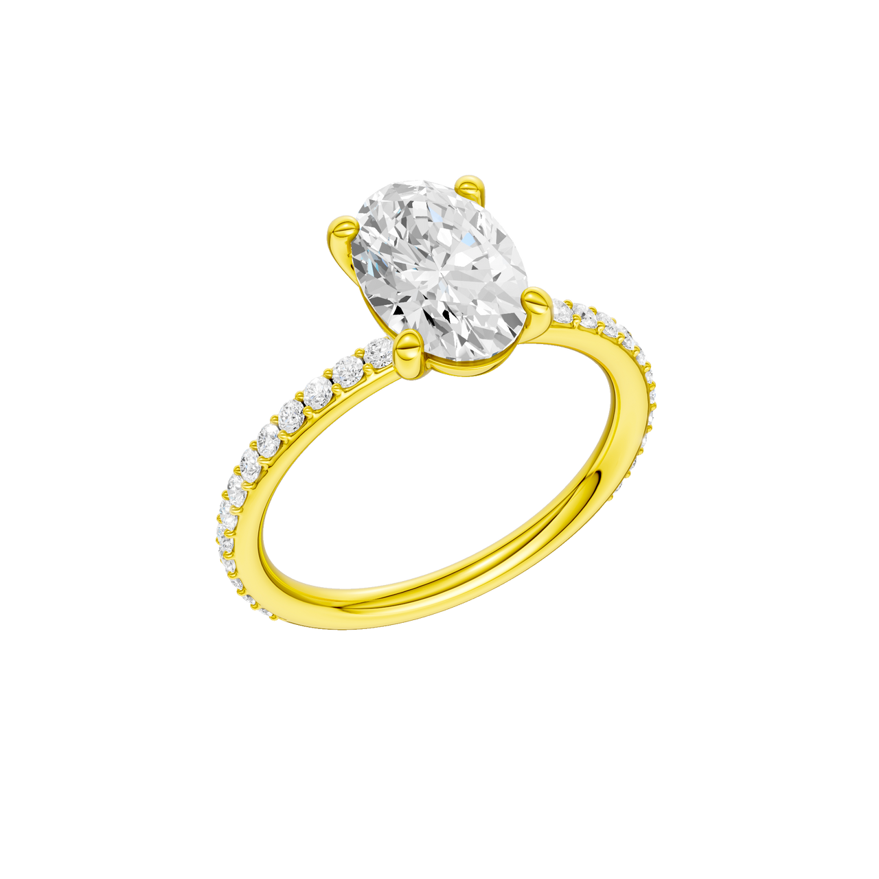 A three-quarter view of the Oval cut diamond engagement ring in 14k yellow gold with a prong diamond band and cathedral setting