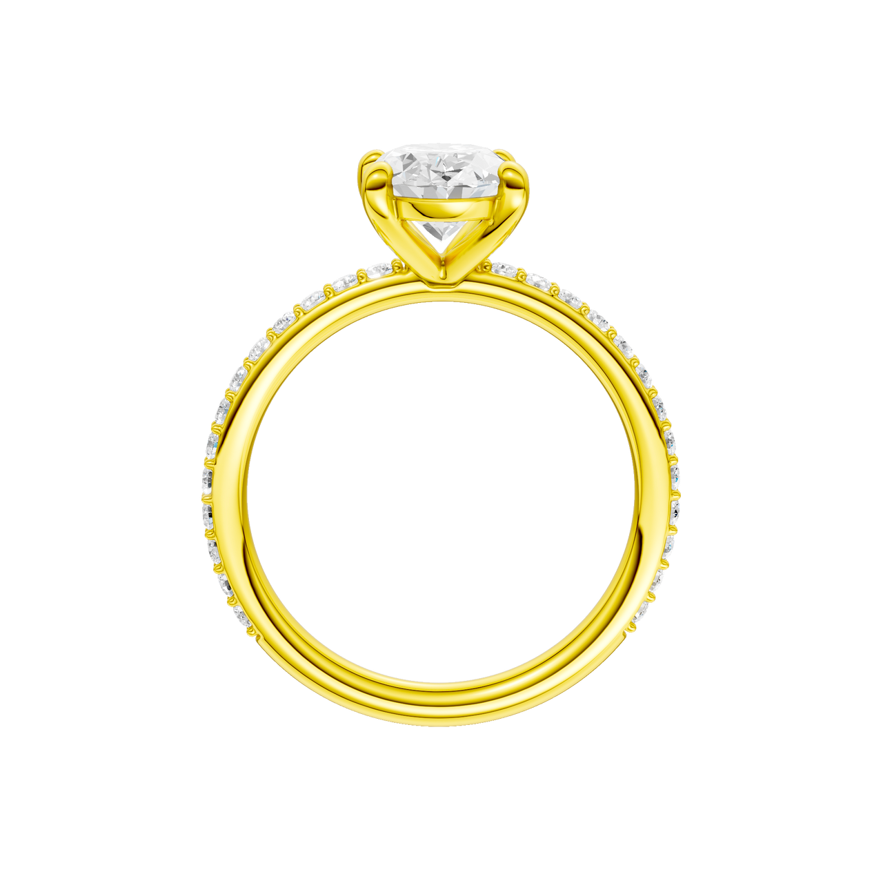 A profile view of the Oval cut diamond engagement ring in 14k yellow gold with a prong diamond band and cathedral setting