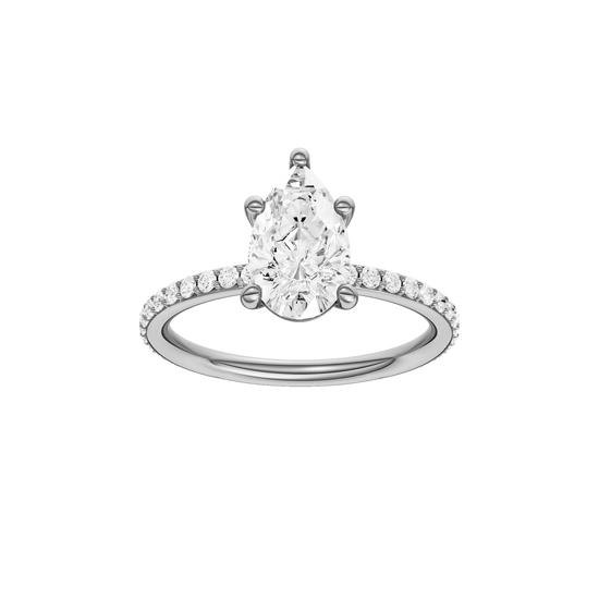 A front view of the Pear cut diamond engagement ring in 14k white gold with a prong diamond band and cathedral setting