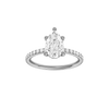 A front view of the Pear cut diamond engagement ring in 14k white gold with a prong diamond band and cathedral setting