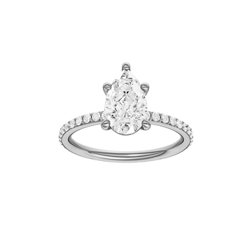 A front view of the Pear cut diamond engagement ring in 14k white gold with a prong diamond band and cathedral setting