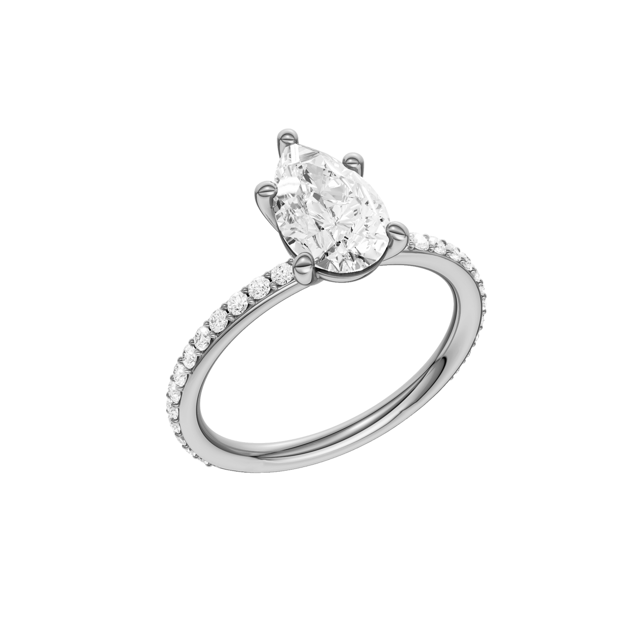 A three-quarter view of the Pear cut diamond engagement ring in 14k white gold with a prong diamond band and cathedral setting