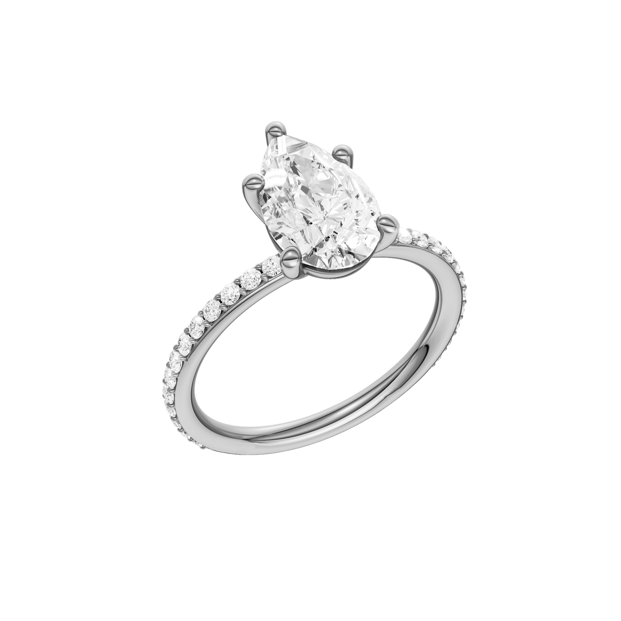 A three-quarter view of the Pear cut diamond engagement ring in platinum with a prong diamond band and cathedral setting