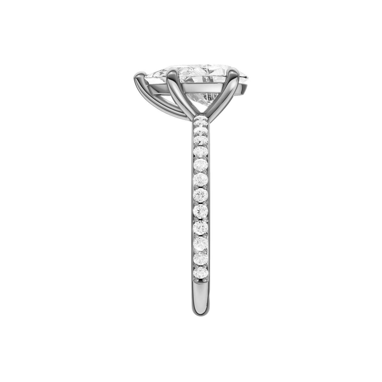 A side view of the Pear cut diamond engagement ring in platinum with a prong diamond band and cathedral setting