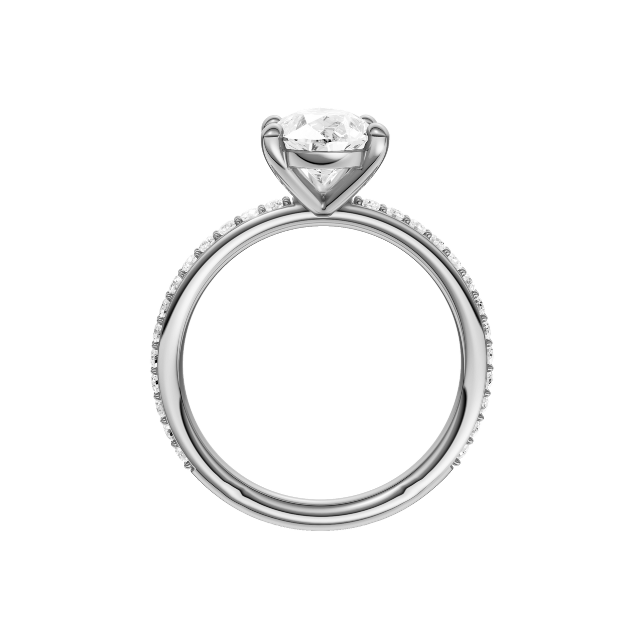 A profile view of the Pear cut diamond engagement ring in platinum with a prong diamond band and cathedral setting