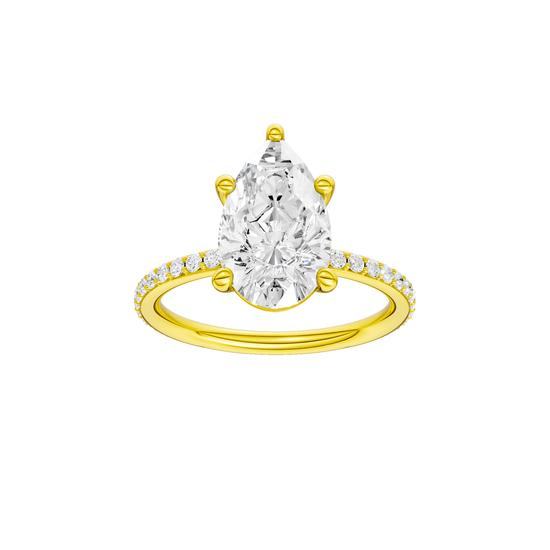 A front view of the Pear cut diamond engagement ring in 14k yellow gold with a prong diamond band and cathedral setting