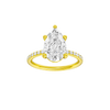 A front view of the Pear cut diamond engagement ring in 14k yellow gold with a prong diamond band and cathedral setting