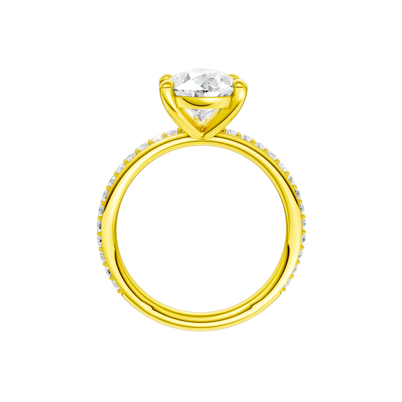 A profile view of the Pear cut diamond engagement ring in 14k yellow gold with a prong diamond band and cathedral setting
