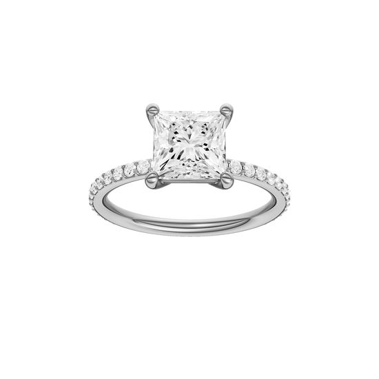 A front view of the Princess cut diamond engagement ring in platinum with a prong diamond band and cathedral setting