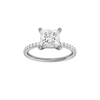 A front view of the Princess cut diamond engagement ring in platinum with a prong diamond band and cathedral setting