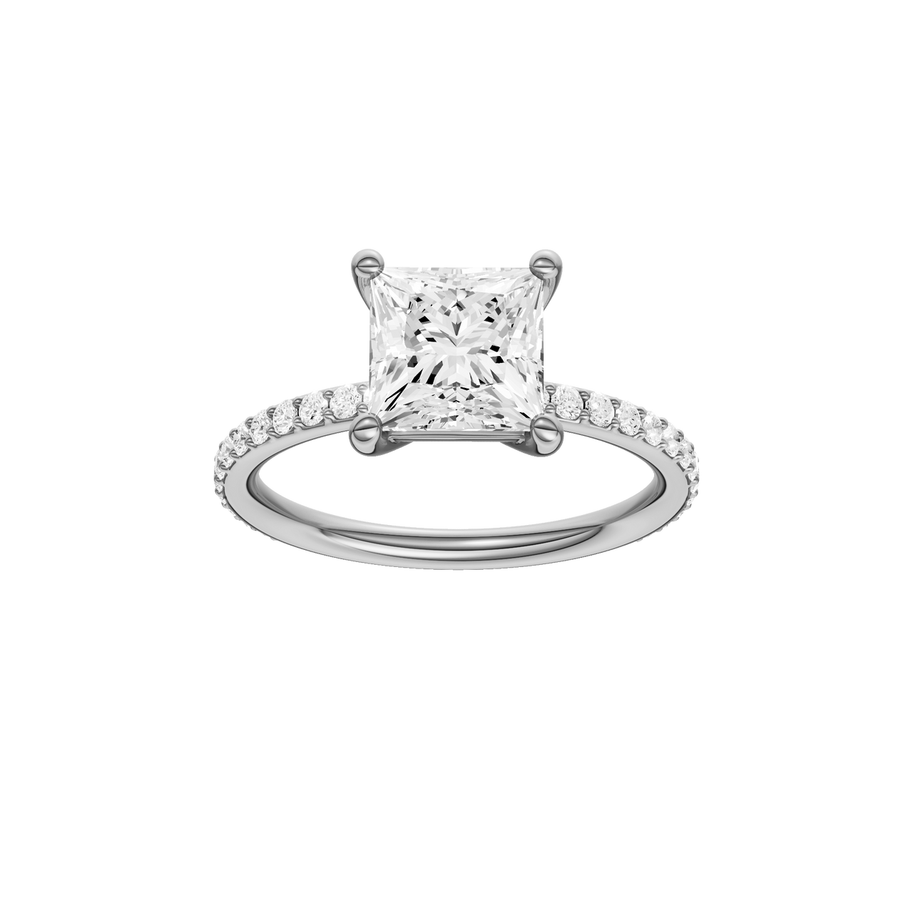 A front view of the Princess cut diamond engagement ring in platinum with a prong diamond band and cathedral setting