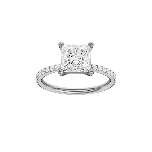 A front view of the Princess cut diamond engagement ring in 14k white gold with a prong diamond band and cathedral setting