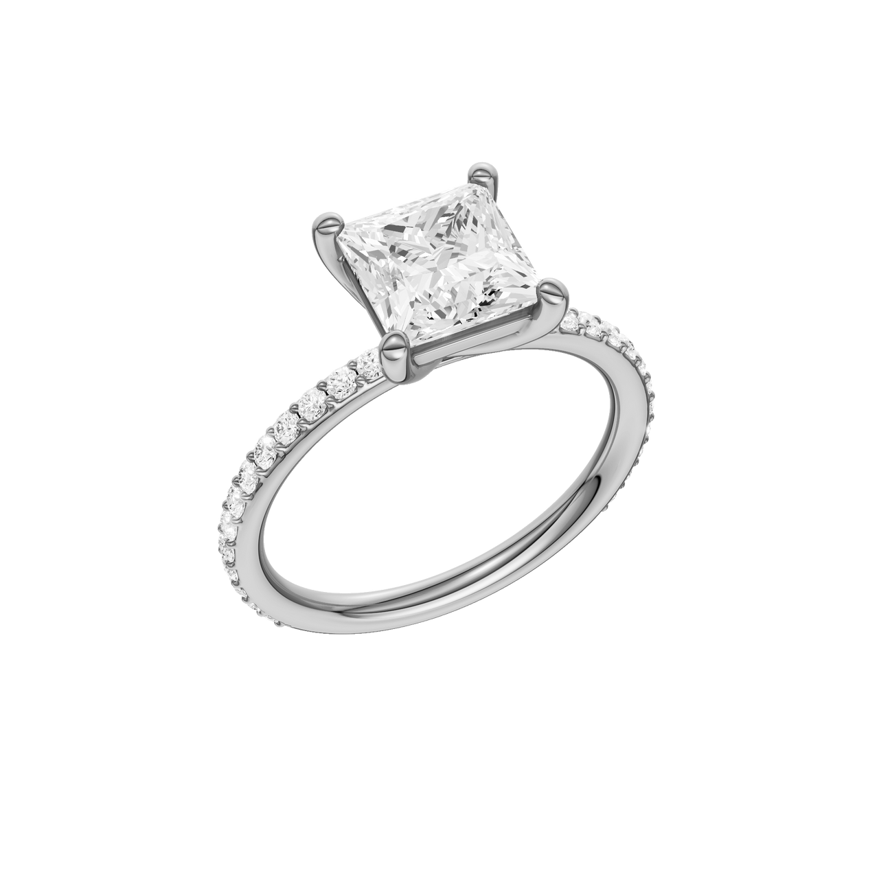 A three-quarter view of the Princess cut diamond engagement ring in 14k white gold with a prong diamond band and cathedral setting