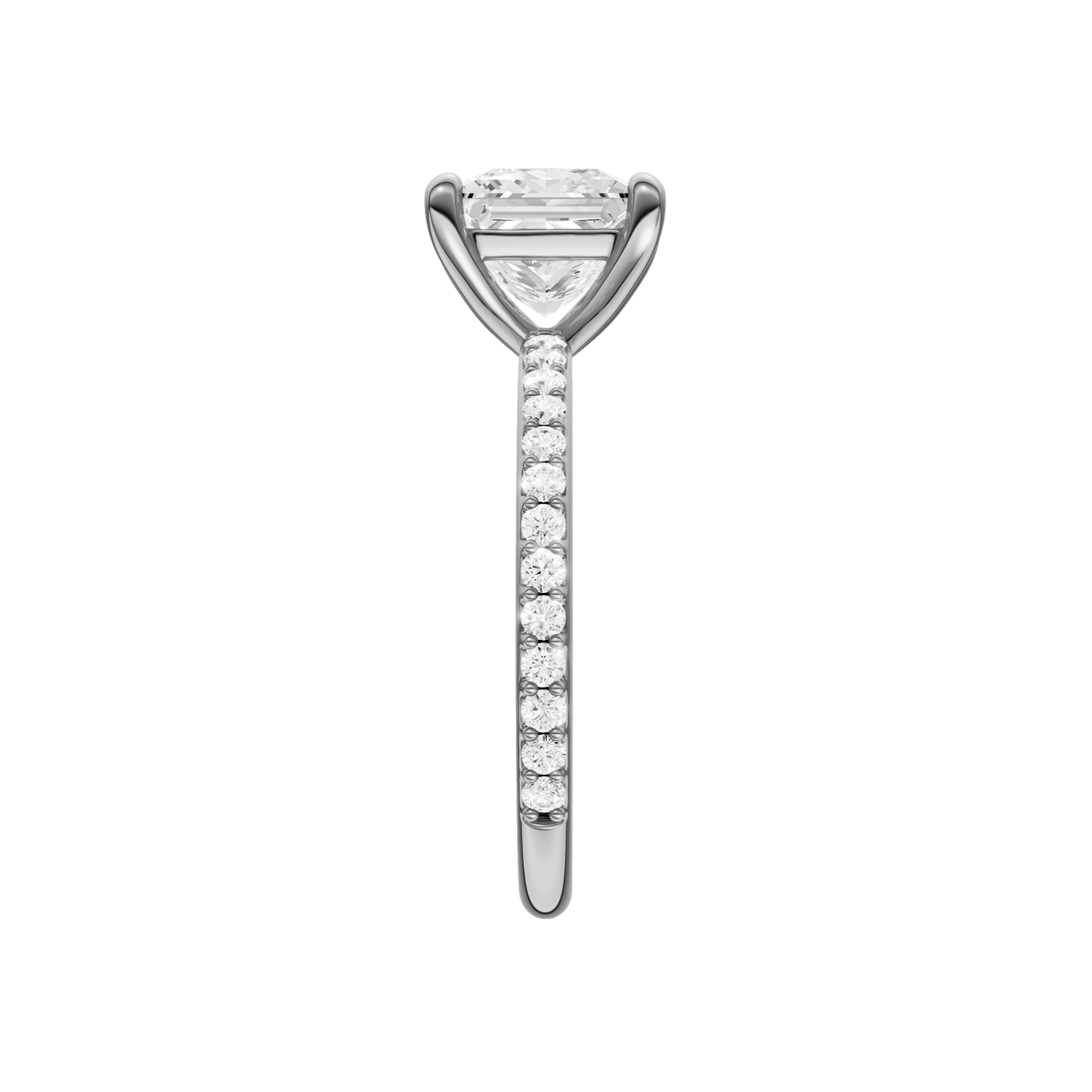 A side view of the Princess cut diamond engagement ring in 14k white gold with a prong diamond band and cathedral setting