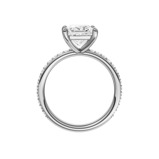 A profile view of the Princess cut diamond engagement ring in 14k white gold with a prong diamond band and cathedral setting
