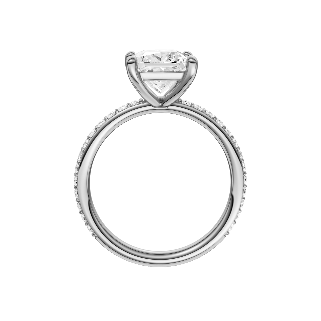 A profile view of the Princess cut diamond engagement ring in 14k white gold with a prong diamond band and cathedral setting