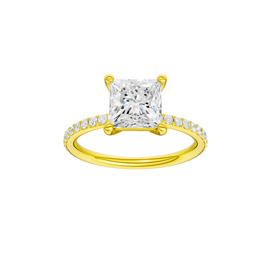 A front view of the Princess cut diamond engagement ring in 14k yellow gold with a prong diamond band and cathedral setting