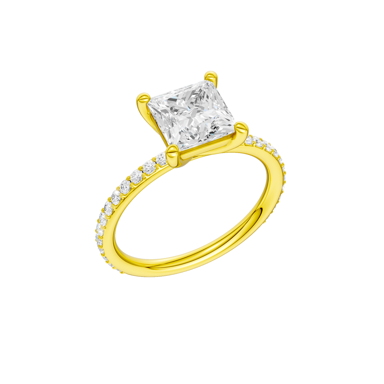 A three-quarter view of the Princess cut diamond engagement ring in 14k yellow gold with a prong diamond band and cathedral setting