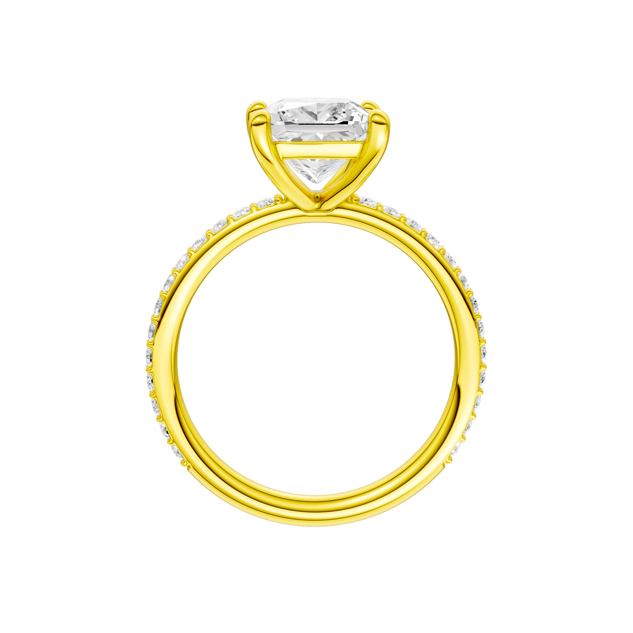 A profile view of the Princess cut diamond engagement ring in 14k yellow gold with a prong diamond band and cathedral setting