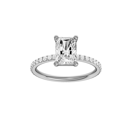 A front view of the radiant cut diamond engagement ring in 14k white gold with a prong diamond band and cathedral setting