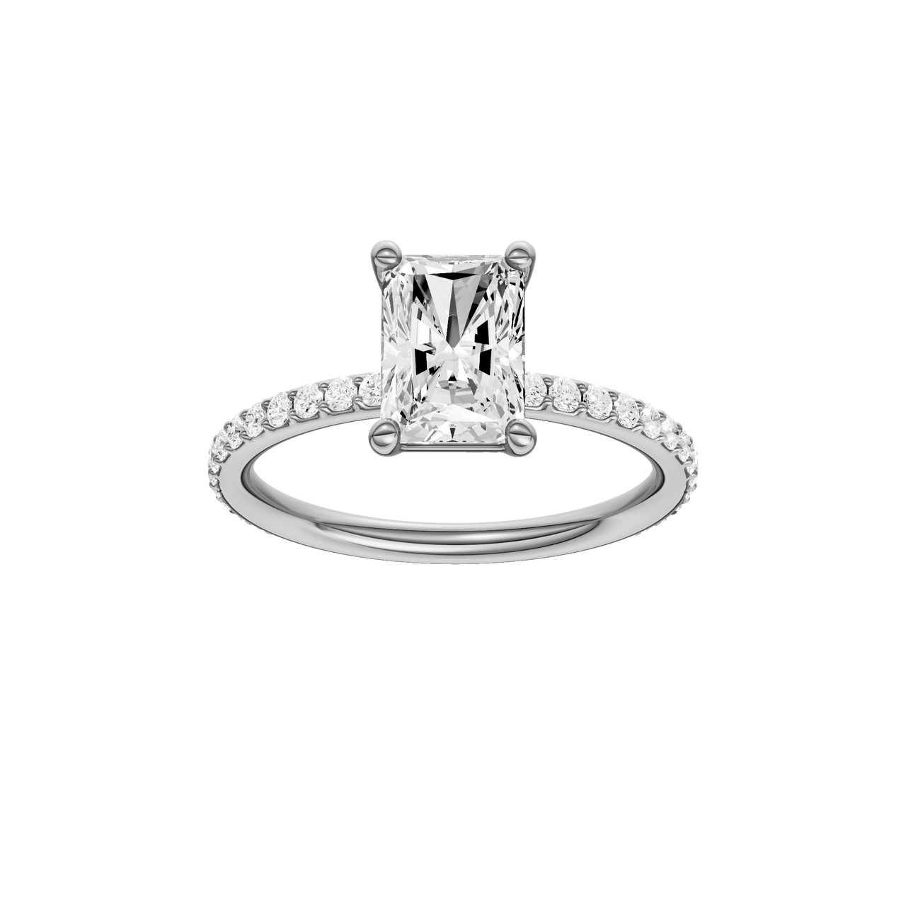 A front view of the radiant cut diamond engagement ring in 14k white gold with a prong diamond band and cathedral setting