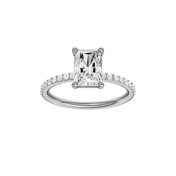 A front view of the radiant cut diamond engagement ring in 14k white gold with a prong diamond band and cathedral setting